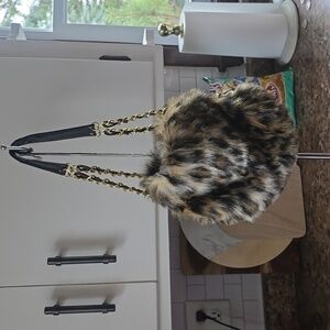 Leopard Faux Fur Evening Bag Black and Gold Strap Snap Closure Purse Sz.M